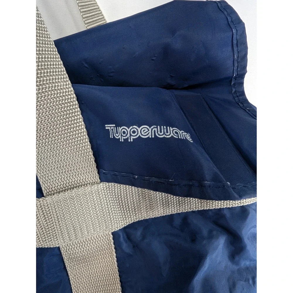 Vintage Tupperware Insulated Tote Bag Navy Blue Tan Large Picnic Grocery Bag